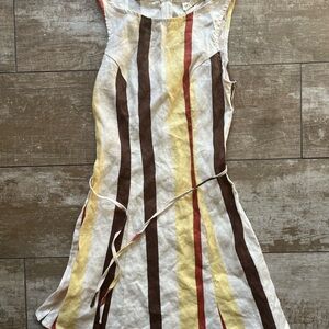 **GORGEOUS VRG GIRL DRESS Elegant Striped Midi Dress in Cream, Brown, and Yellow